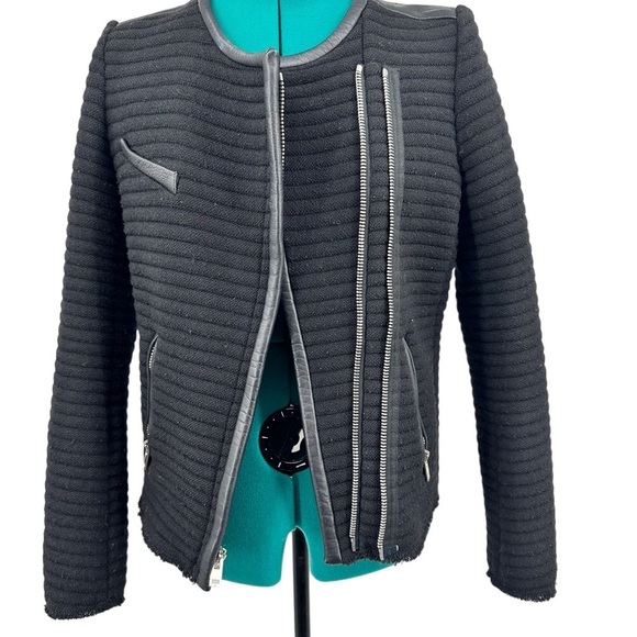 IRO Black Fleece Boucle Maiden Raw Hem Quilted Leather Detail Jacket - Picture 4 of 12